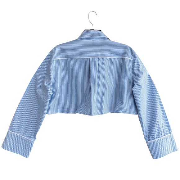 Zara Striped Cropped Button Down Shirt Womens Small Blue White Excellent - Picture 5 of 10
